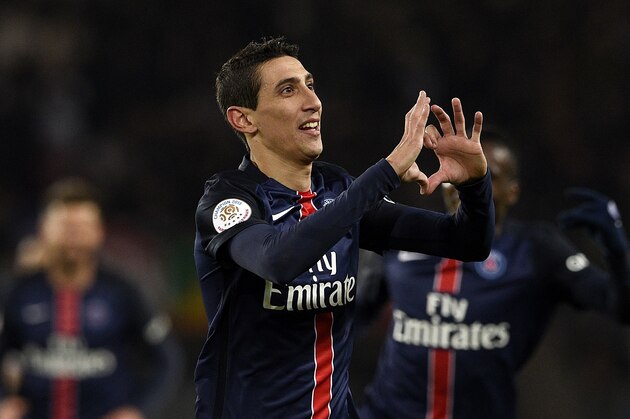 Paris Saint-Germain's Argentinian forward Angel Di Maria celebrates after scoring a goal during the French L1 football match between Paris Saint-Germain (PSG) vs Angers on January 23, 2016 at the Parc des Princes stadium in Paris. AFP PHOTO / FRANCK FIFE / AFP / FRANCK FIFE        (Photo credit should read FRANCK FIFE/AFP/Getty Images)