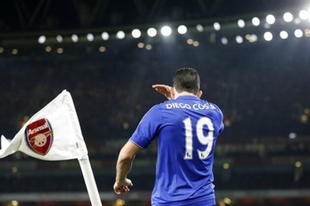 Chelsea's Diego Costa walks away from the corner flag during the English Premier League soccer match between Arsenal and Chelsea at the Emirates stadium in London, Sunday, Jan. 24, 2016.(AP Photo/Frank Augstein)