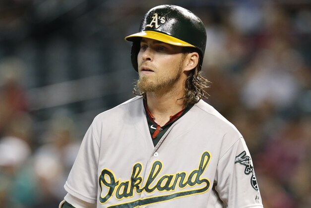 Oakland Athletics right fielder Josh Reddick (22) gets ready to hit in the first inning during a baseball game against the Arizona Diamondbacks, Sunday, Aug. 30, 2015, in Phoenix. (AP Photo/Rick Scuteri)