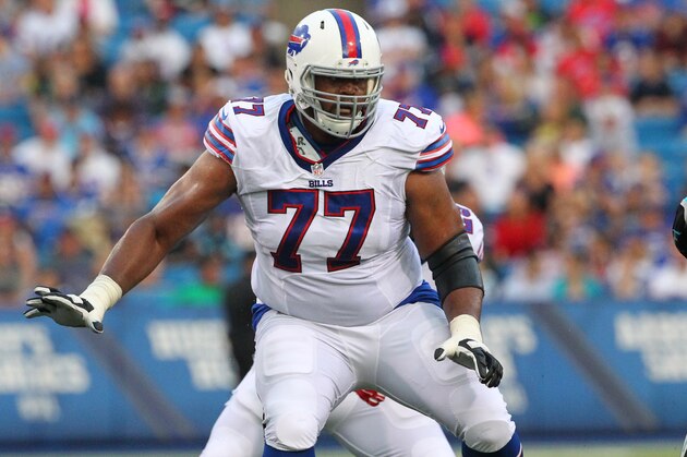 Buffalo Bills tackle Cordy Glenn (77) blocks during the first half of an NFL preseason football game against the Carolina Panthers on Friday, Aug. 14, 2015, in Orchard Park, N.Y. (AP Photo/Bill Wippert)