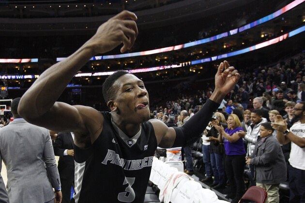 Providence's Kris Dunn celebrates a win in an NCAA basketball game against Villanova, Sunday, Jan. 24, 2016, in Philadelphia. Providence won 82-76 in overtime. (AP Photo/Chris Szagola)