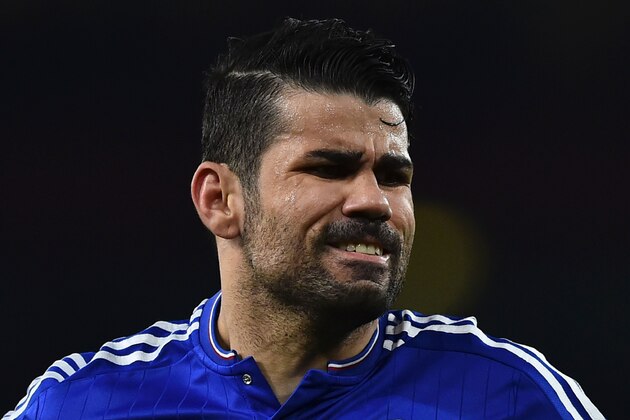 Chelsea's Brazilian-born Spanish striker Diego Costa reacts after being caught offside during the English Premier League football match between Arsenal and Chelsea at the Emirates Stadium in London on January 24, 2016. AFP PHOTO / BEN STANSALL

RESTRICTED TO EDITORIAL USE. No use with unauthorized audio, video, data, fixture lists, club/league logos or 'live' services. Online in-match use limited to 75 images, no video emulation. No use in betting, games or single club/league/player publications. / AFP / BEN STANSALL        (Photo credit should read BEN STANSALL/AFP/Getty Images)