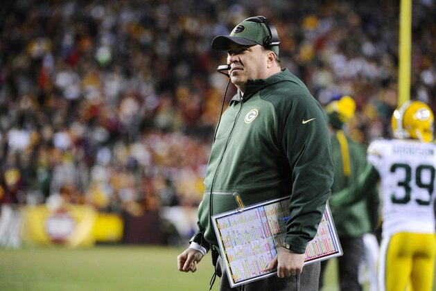 Jan 10, 2016; Landover, MD, USA; Green Bay Packers head coach Mike McCarthy looks on from the sidelines against the Washington Redskins during the second half in a NFC Wild Card playoff football game at FedEx Field. Mandatory Credit: Brad Mills-USA TODAY Sports