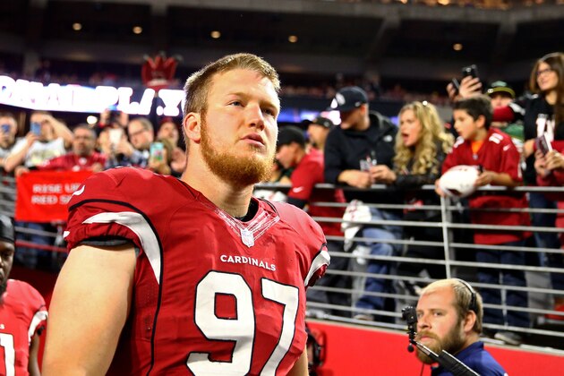 Jan 16, 2016; Glendale, AZ, USA; Arizona Cardinals defensive end Josh Mauro (97) against the Green Bay Packers during an NFC Divisional round playoff game at University of Phoenix Stadium. Mandatory Credit: Mark J. Rebilas-USA TODAY Sports