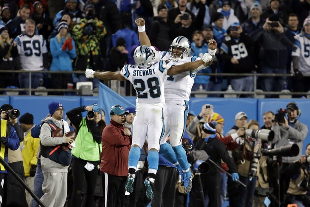 Carolina Panthers' Cam Newton celebrates his touchdown run with Ted Ginn (19) during the second half the NFL football NFC Championship game against the Arizona Cardinals, Sunday, Jan. 24, 2016, in Charlotte, N.C. (AP Photo/Bob Leverone)