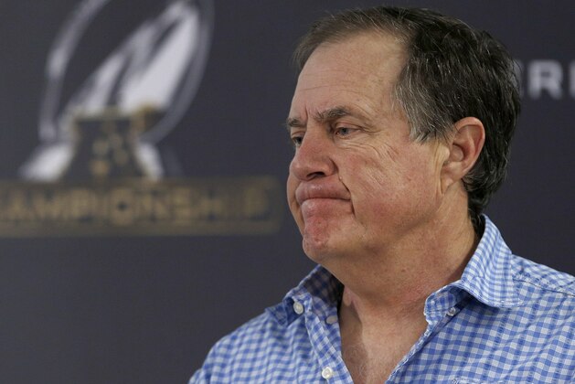 New England Patriots head coach Bill Belichick fields questions during a press conference following the NFL football AFC Championship game between the Denver Broncos and the New England Patriots, Sunday, Jan. 24, 2016, in Denver. The Broncos defeated the Patriots 20-18 to advance to the Super Bowl. (AP Photo/Joe Mahoney)