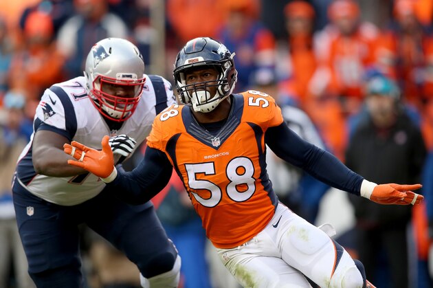 DENVER, CO - JANUARY 24:  Von Miller #58 of the Denver Broncos rushes against Cameron Fleming #71 of the New England Patriots in the second half in the AFC Championship game at Sports Authority Field at Mile High on January 24, 2016 in Denver, Colorado.  (Photo by Doug Pensinger/Getty Images)