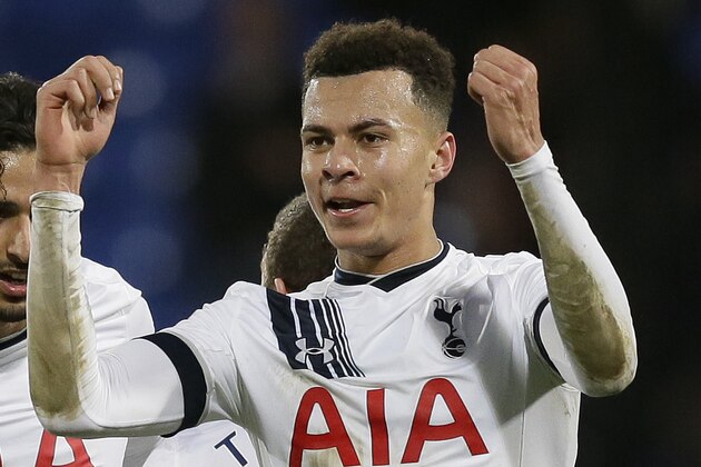 Tottenham’s Dele Alli celebrates after the English Premier League soccer match between Crystal Palace and Tottenham Hotspur at Selhurst Park in London, Saturday Jan. 23, 2016. (AP Photo/Tim Ireland)