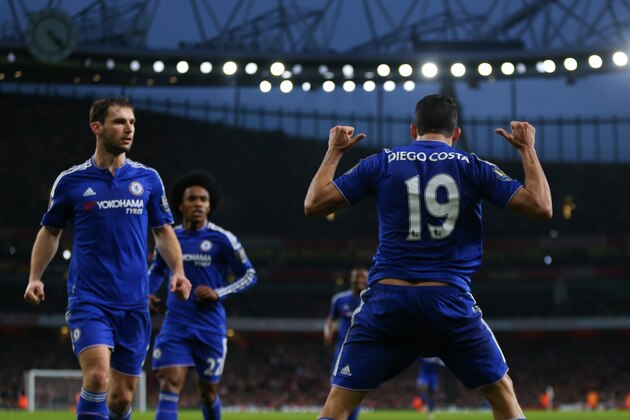 LONDON, ENGLAND - JANUARY 24:  Diego Costa of Chelsea celebrates after he scores to make it 0-1 during the Barclays Premier League match between Arsenal and Chelsea at the Emirates Stadium on January 24, 2016 in London, England.  (Photo by Catherine Ivill - AMA/Getty Images)