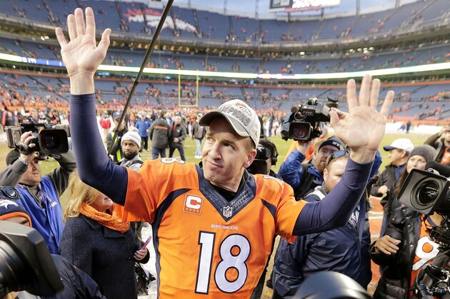 Denver Broncos quarterback Peyton Manning waves to spectators following the NFL football AFC Championship game between the Denver Broncos and the New England Patriots, Sunday, Jan. 24, 2016, in Denver. The Broncos defeated the Patriots 20-18 to advance to the Super Bowl. (AP Photo/Charlie Riedel) Denver Broncos quarterback Peyton Manning waves to spectators following the NFL football AFC Championship game between the Denver Broncos and the New England Patriots, Sunday, Jan. 24, 2016, in Denver. The Broncos defeated the Patriots 20-18 to advance to the Super Bowl. (AP Photo/Charlie Riedel)