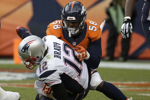 New England Patriots quarterback Tom Brady is sacked by Denver Broncos outside linebacker Von Miller during the second half of the NFL football AFC Championship game between the Denver Broncos and the New England Patriots, Sunday, Jan. 24, 2016, in Denver. (AP Photo/Chris Carlson)