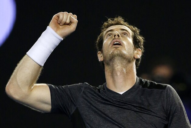 Andy Murray of Britain celebrates after defeating Bernard Tomic of Australia during their fourth round match at the Australian Open tennis championships in Melbourne, Australia, Monday, Jan. 25, 2016.(AP Photo/Vincent Thian)