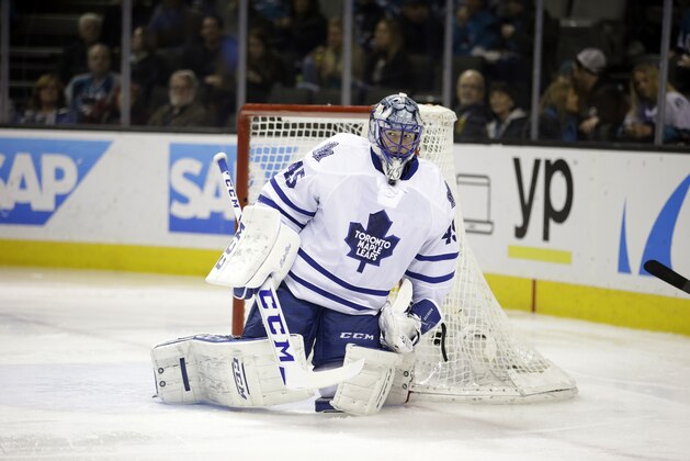 Toronto Maple Leafs goalie Jonathan Bernier (45) during an NHL hockey game against the San Jose Sharks Saturday, Jan. 9, 2016, in San Jose, Calif. (AP Photo/Marcio Jose Sanchez)