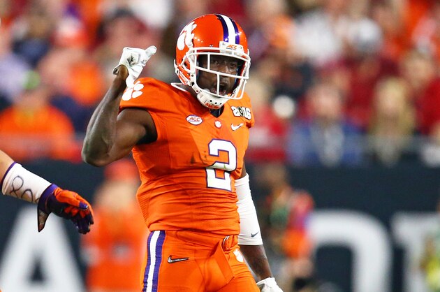 Jan 11, 2016; Glendale, AZ, USA; Clemson Tigers cornerback Mackensie Alexander (2) reacts against the Alabama Crimson Tide in the 2016 CFP National Championship at University of Phoenix Stadium. Mandatory Credit: Mark J. Rebilas-USA TODAY Sports