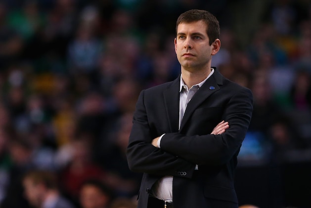 BOSTON, MA - JANUARY 13:  Brad Stevens of the Boston Celtics looks on during the third quarter against the Indiana Pacers  at TD Garden on January 13, 2016 in Boston, Massachusetts. NOTE TO USER: User expressly acknowledges and agrees that, by downloading and/or using this photograph, user is consenting to the terms and conditions of the Getty Images License Agreement.  (Photo by Maddie Meyer/Getty Images)
