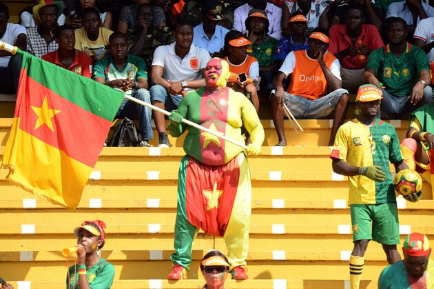 A fan painted in the colours of the Cameroon flag holds up the national flag during the 2015 African Cup of Nations (CAF) qualifier, group D, football match Cameroon vs DR Congo at the Ahmadou Ahidjo stadium in Yaounde  on November 15, 2014. Cameroon 1-0. AFP PHOTO/PACOME PABANDJI        (Photo credit should read PACOME PABANDJI/AFP/Getty Images)