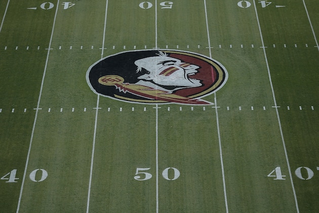 TALLAHASSEE, FL - APRIL 12:  Detailed view of the re-designed Florida State Seminoles logo prior to the Garnet and Gold spring game at Doak Campbell Stadium on April 12, 2014 in Tallahassee, Florida.  (Photo by Stacy Revere/Getty Images)
