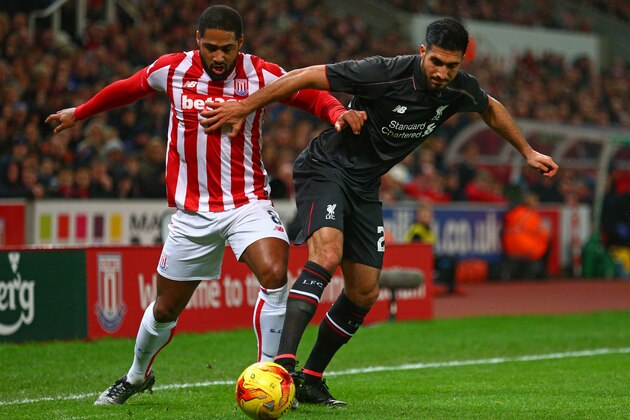 STOKE ON TRENT, ENGLAND - JANUARY 05: Glen Johnson of Stoke City and and Emre Can of Liverpool battle for the ball during the Capital One Cup semi final, first leg match between Stoke City and Liverpool at the Britannia Stadium on January 5, 2016 in Stoke on Trent, England. (Photo by Clive Mason/Getty Images) STOKE ON TRENT, ENGLAND - JANUARY 05: Glen Johnson of Stoke City and and Emre Can of Liverpool battle for the ball during the Capital One Cup semi final, first leg match between Stoke City and Liverpool at the Britannia Stadium on January 5, 2016 in Stoke on Trent, England. (Photo by Clive Mason/Getty Images)