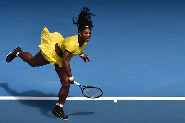 Serena Williams of the US returns against Russia's Margarita Gasparyan during their women's singles game on day seven of the 2015 Australian Open tennis tournament in Melbourne on January 24, 2016. AFP PHOTO / PAUL CROCK-- IMAGE RESTRICTED TO EDITORIAL USE - STRICTLY NO COMMERCIAL USE / AFP / PAUL CROCK        (Photo credit should read PAUL CROCK/AFP/Getty Images)