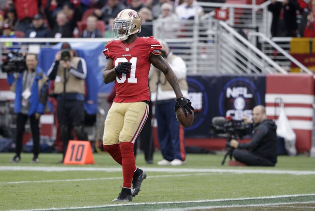 San Francisco 49ers wide receiver Anquan Boldin (81) scores on a touchdown reception during the first half of an NFL football game against the St. Louis Rams in Santa Clara, Calif., Sunday, Jan. 3, 2016. (AP Photo/Marcio Jose Sanchez)