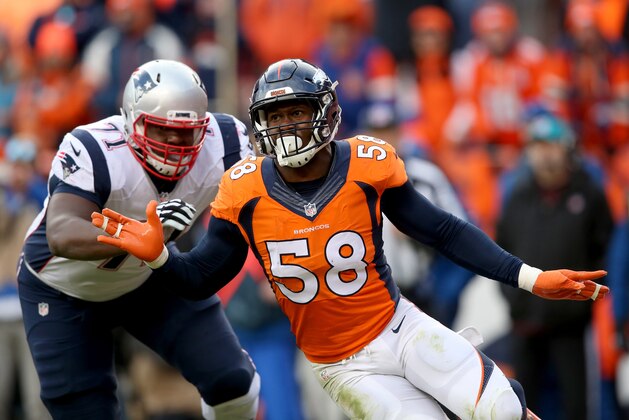 DENVER, CO - JANUARY 24:  Von Miller #58 of the Denver Broncos rushes against Cameron Fleming #71 of the New England Patriots in the second half in the AFC Championship game at Sports Authority Field at Mile High on January 24, 2016 in Denver, Colorado.  (Photo by Doug Pensinger/Getty Images)