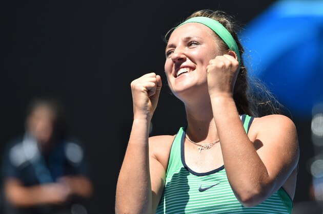 Belarus's Victoria Azarenka after she was told in a post match interview that Denver Broncos beat New England Patriots to go to the Superbowl, following her win against Czech Republic's Barbora Strycova in their women's singles game on day eight of the 2016 Australian Open tennis tournament in Melbourne on January 25, 2016. AFP PHOTO / SAEED KHAN   -- IMAGE RESTRICTED TO EDITORIAL USE - STRICTLY NO COMMERCIAL USE / AFP / SAEED KHAN        (Photo credit should read SAEED KHAN/AFP/Getty Images)