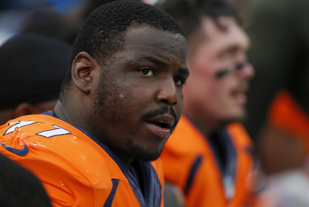 Denver Broncos defensive end Malik Jackson looks on during an NFL football game between the Denver Broncos and the Kansas City Chiefs, Sunday, Nov. 15, 2015, in Denver. (AP Photo/Jack Dempsey)