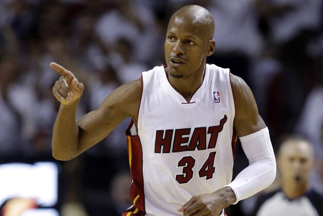 FILE - In this Friday, May 30, 2014 file photo, Miami Heat guard Ray Allen gestures after scoring a three-point basket during the first half Game 6 in the NBA basketball playoffs Eastern Conference finals against the Indiana Pacers in Miami. The trade deadline is Thursday afternoon, Feb. 18, 2015 and with many teams in contention, the question is whether that makes them more conservative or cautious. One of the most intriguing moves could involve Ray Allen, who will have contending suitors if he opts to play after sitting out all season. (AP Photo/Lynne Sladky, File)