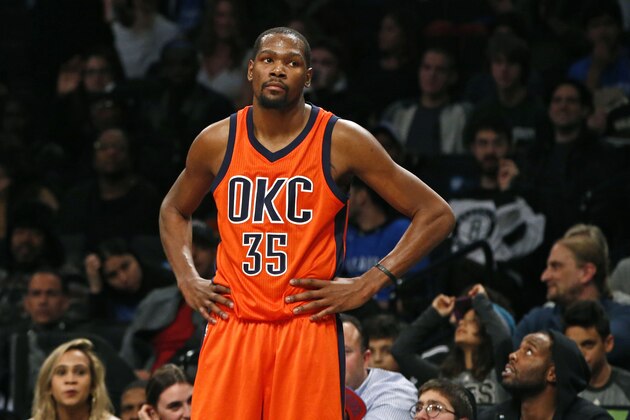 Oklahoma City Thunder forward Kevin Durant (35) reacts in the second half of an NBA basketball game against the Brooklyn Nets, Sunday, Jan. 24, 2016, in New York. Durant had 32 points but the Nets upset the Thunder 116-106. (AP Photo/Kathy Willens)