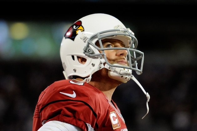 CHARLOTTE, NC - JANUARY 24:  Carson Palmer #3 of the Arizona Cardinals reacts in the fourth quarter against the Carolina Panthers during the NFC Championship Game at Bank of America Stadium on January 24, 2016 in Charlotte, North Carolina.  (Photo by Jared C. Tilton/Getty Images)