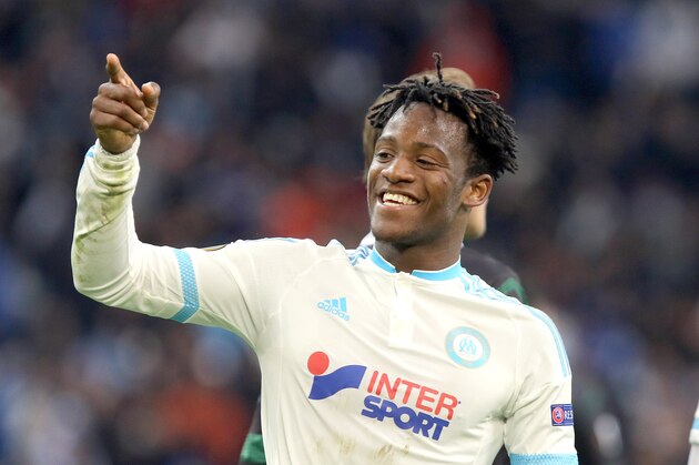 Marseille's Belgian forward Michy Batshuayi, reacts after scoring against Groningen, during a group F Europa League  soccer match between Marseille and Groningen, at the Velodrome stadium, in Marseille, southern France, Thursday, Nov.26, 2015.  (AP Photo/Claude Paris)