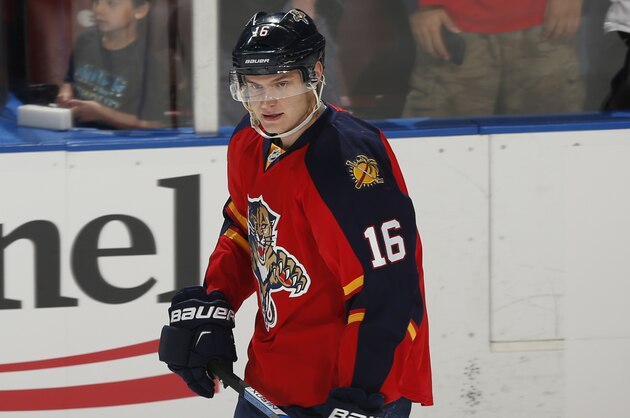 Florida Panthers forward Aleksander Barkov (16) skates prior to an NHL hockey game against the Columbus Blue Jackets, Sunday, Dec. 27, 2015, in Sunrise, Fla. The Panthers defeated the Blue Jackets 3-2. (AP Photo/Joel Auerbach)