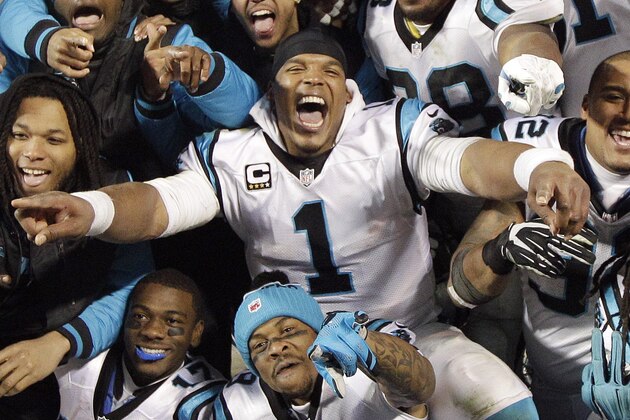 Carolina Panthers' Cam Newton celebrates with teammates during the second half the NFL football NFC Championship game against the Arizona Cardinals Sunday, Jan. 24, 2016, in Charlotte, N.C. (AP Photo/Chuck Burton) Carolina Panthers' Cam Newton celebrates with teammates during the second half the NFL football NFC Championship game against the Arizona Cardinals Sunday, Jan. 24, 2016, in Charlotte, N.C. (AP Photo/Chuck Burton)