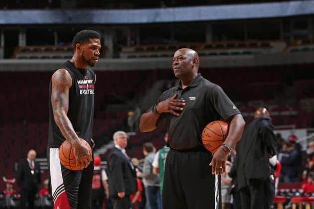 CHICAGO, IL - JANUARY 25:  Udonis Haslem #40 and assistant coach Keith Smart  of the Miami Heat before the game against the Chicago Bulls on January 25, 2015 at the United Center in Chicago, Illinois. NOTE TO USER: User expressly acknowledges and agrees that, by downloading and or using this Photograph, user is consenting to the terms and conditions of the Getty Images License Agreement. Mandatory Copyright Notice: Copyright 2015 NBAE (Photo by Gary Dineen/NBAE via Getty Images)
