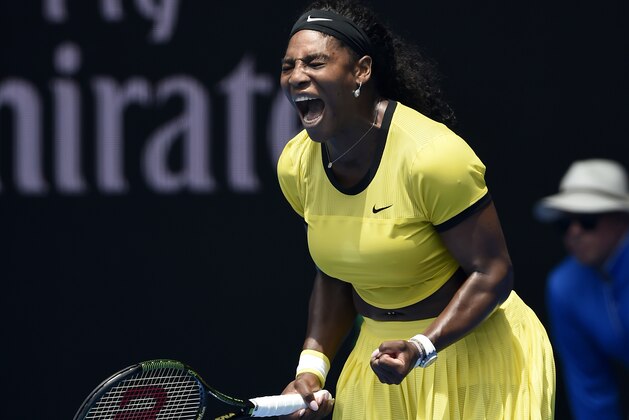 Serena Williams of the United States yells after winning a point against Maria Sharapova of Russia during their quarterfinal match at the Australian Open tennis championships in Melbourne, Australia, Tuesday, Jan. 26, 2016.(AP Photo/Andrew Brownbill)