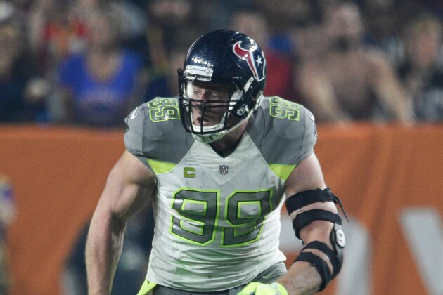 Jan 25, 2015; Phoenix, AZ, USA; Team Carter defensive end J.J. Watt of the Houston Texans (99) rushes during the third quarter in the 2015 Pro Bowl against Team Irvin at University of Phoenix Stadium. Mandatory Credit: Kyle Terada-USA TODAY Sports