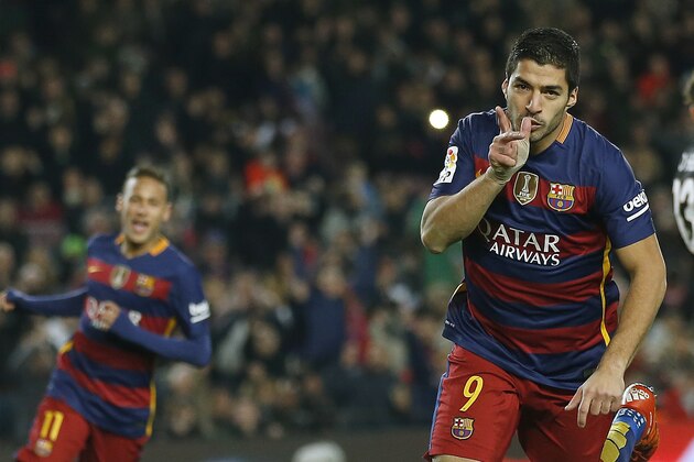 FC Barcelona's Luis Suarez celebrates after scoring against Athletic Bilbao during a Spanish La Liga soccer match at the Camp Nou stadium in Barcelona, Spain, Sunday, Jan. 17, 2016. (AP Photo/Manu Fernandez) FC Barcelona's Luis Suarez celebrates after scoring against Athletic Bilbao during a Spanish La Liga soccer match at the Camp Nou stadium in Barcelona, Spain, Sunday, Jan. 17, 2016. (AP Photo/Manu Fernandez)
