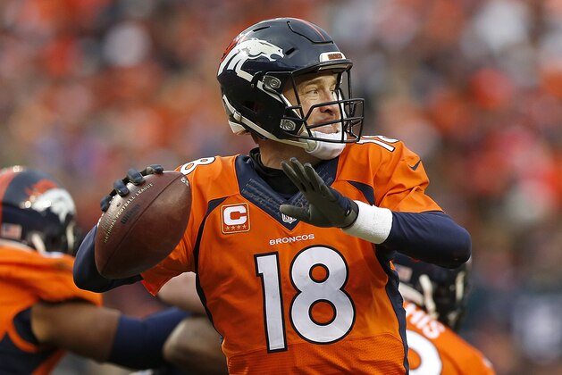 Denver Broncos quarterback Peyton Manning reaches back to pass during the second half of the NFL football AFC Championship game between the Denver Broncos and the New England Patriots, Sunday, Jan. 24, 2016, in Denver. (AP Photo/David Zalubowski)