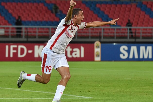 Tunisia's forward Ahmed Akaichi celebrates after scoring a goal during the 2015 African Cup of Nations group B football match between Democratic Republic of the Congo and Tunisia in Bata on January 26, 2015. AFP PHOTO / CARL DE SOUZA        (Photo credit should read CARL DE SOUZA/AFP/Getty Images)