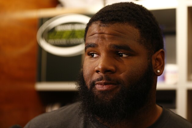 New York Jets' Sheldon Richardson talks to the media after practice at the team's NFL football training facility, Wednesday, Nov. 18, 2015, in Florham Park, N.J. (AP Photo/Rich Schultz)