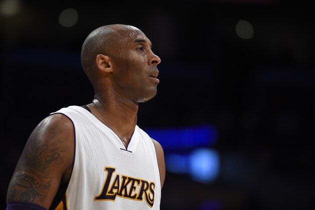 Los Angeles Lakers forward Kobe Bryant looks on during the second half of an NBA basketball game against the Houston Rockets, Sunday, Jan. 17, 2016, in Los Angeles. The Rockets won 112-95. (AP Photo/Mark J. Terrill)