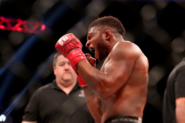 Paul Daley celebrates a win against Andre Santos during their fight at Bellator 134 on Friday, Feb. 27, 2015, in Uncasville, CT.  Daley won the fight via decision. (AP Photo/Gregory Payan)