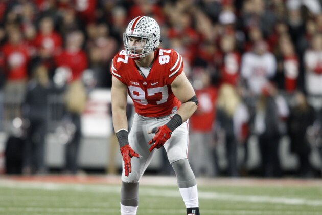 Ohio State lineman Joey Bosa is seen   during an NCAA college football game against Minnesota Saturday, Nov. 7, 2015, in Columbus, Ohio. Ohio State beat Minnesota 28-14. (AP Photo/Paul Vernon)