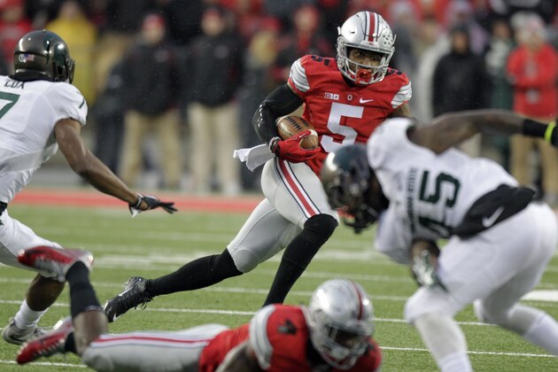 Ohio State receiver Braxton Miller cuts up field against Michigan State during the first quarter of an NCAA college football game, Saturday, Nov. 21, 2015, in Columbus, Ohio. (AP Photo/Jay LaPrete)