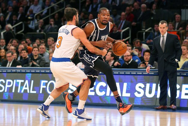 Jan 26, 2016; New York, NY, USA; Oklahoma City Thunder small forward Kevin Durant (35) controls the ball against New York Knicks point guard Jose Calderon (3) during the first quarter at Madison Square Garden. Mandatory Credit: Brad Penner-USA TODAY Sports