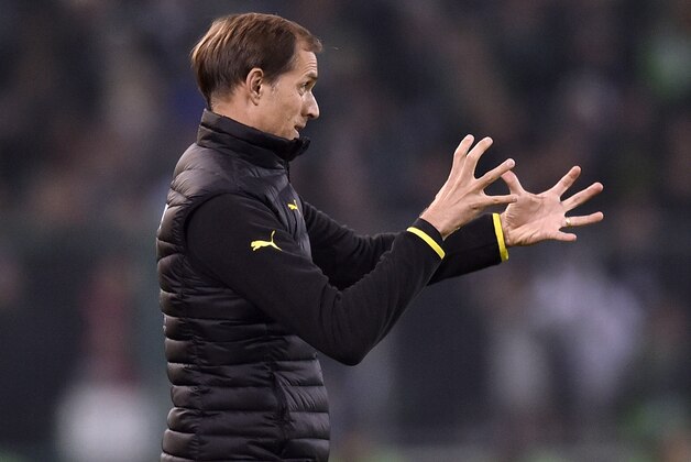 Dortmund head coach Thomas Tuchel reacts during the German Bundesliga soccer match between Borussia Moenchengladbach and Borussia Dortmund in Moenchengladbach, Germany, Saturday, Jan. 23, 2016. (AP Photo/Martin Meissner)