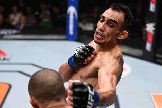 LAS VEGAS, NV - DECEMBER 11: Tony Ferguson (top) punches Edson Barboza in their lightweight bout during the TUF Finale event inside The Chelsea at The Cosmopolitan of Las Vegas on December 11, 2015 in Las Vegas, Nevada.  (Photo by Jeff Bottari/Zuffa LLC/Zuffa LLC via Getty Images)