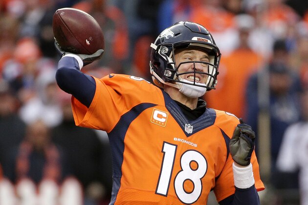 Denver Broncos quarterback Peyton Manning passes during the second half of the NFL football AFC Championship game between the Denver Broncos and the New England Patriots, Sunday, Jan. 24, 2016, in Denver. (AP Photo/Charlie Riedel)