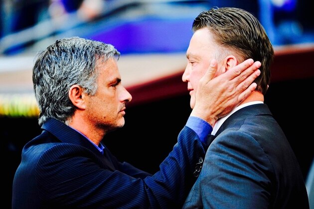 Bayern Munich's Dutch head coach Louis van Gaal (R) and Inter Milan's Portuguese  coach Jose Mourinho greet each other before the UEFA Champions League final football match Inter Milan against Bayern Munich at the Santiago Bernabeu stadium in Madrid on May 22, 2010.   AFP PHOTO / PEDRO ARMESTRE (Photo credit should read PEDRO ARMESTRE/AFP/Getty Images)