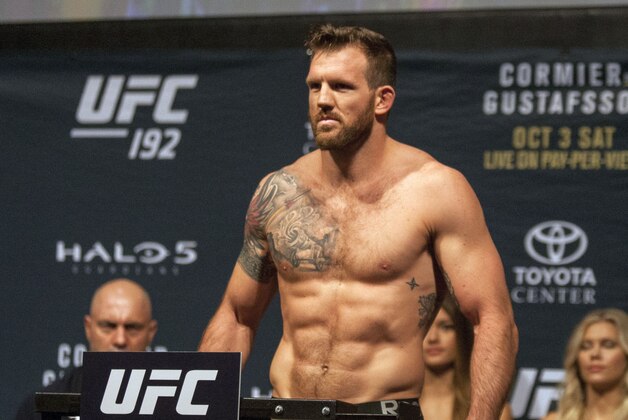 UFC fighter Ryan Bader stands during the weigh in for UFC 192, Friday, Oct. 2, 2015 in Houston. (AP Photo/Juan DeLeon)